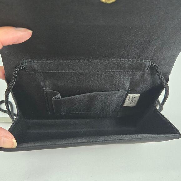 Black Beaded & Satin Square Snap Closure Clutch Purse with Corded Shoulder Strap - Picture 8 of 13